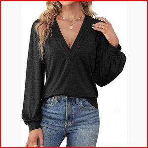 V-Neck Long Sleeve Blouse Puff Sleeve Loose Tunic Dressy Casual Tops
